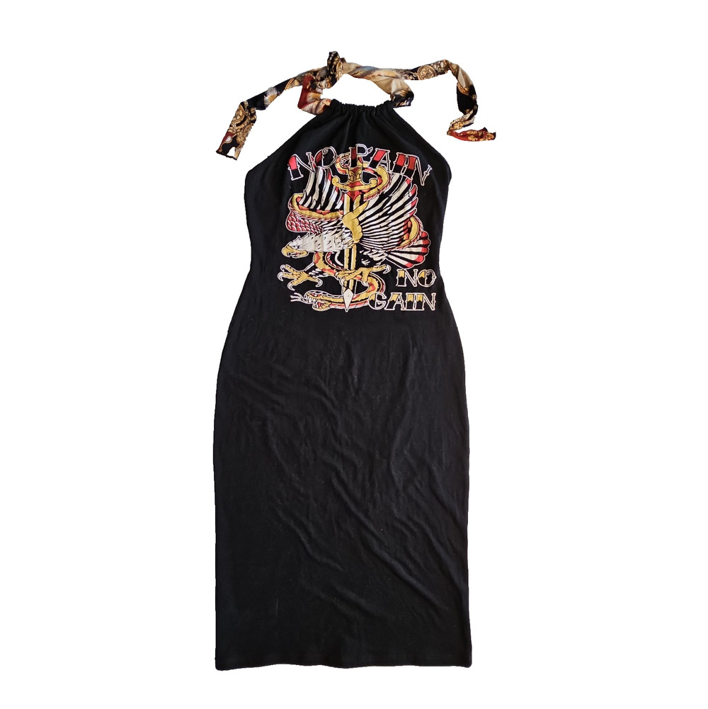 Fashion Nova No Pain No Gain Midi Dress S Black Graphic Halter Backless Eagle